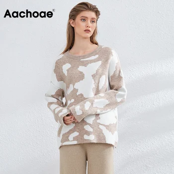 

Aachoae Casual Pullover Sweater Women O Neck Loose Lady Jumper Tops Knit Print Batwing Long Sleeve Sweater Female Pulls Femme