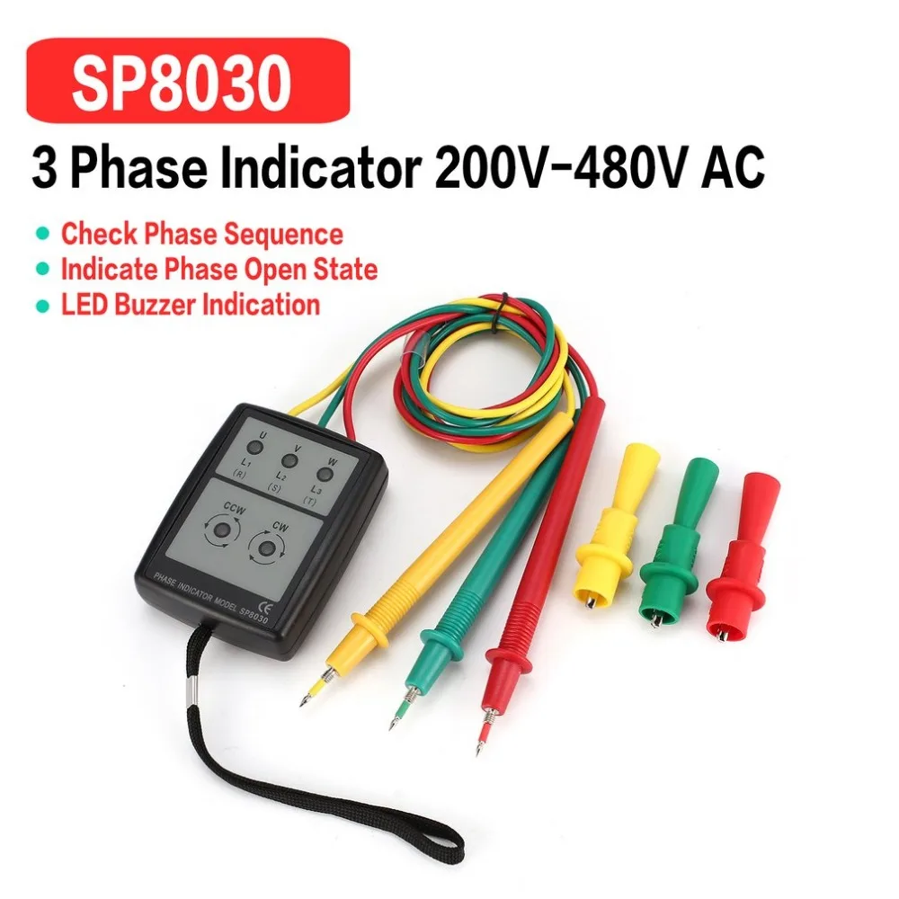 SP8030 3 Phase Rotation Tester Digital Phase Indicator Detector LED Buzzer Phase Sequence Meter Voltage Tester 200V-480V AC
SP8030 3 Phase Rotation Tester Digital Phase Indicator Detector LED Buzzer Phase Sequence Meter Voltage Tester 200V-480V AC