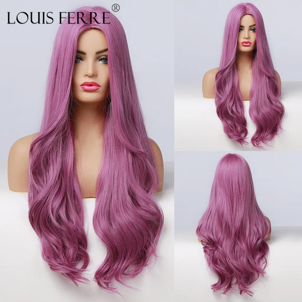Фото LOUIS FERRE Long Purple Cosplay Wig for Women Fashion Color Popular Wave Synthetic Wigs Heat Resistant Fiber Hair Daily Party | Шиньоны и