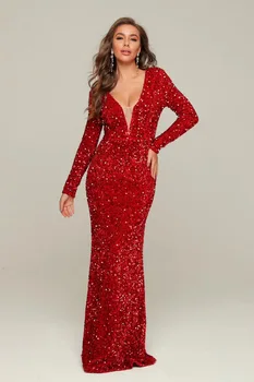 Spring Sexy V Neck Long Sleeve Sequins Mesh Solid Red Women Long Dress 2020 Fashion Elegant Ladies Vestidos Designer Party Dress
Spring Sexy V Neck Long Sleeve Sequins Mesh Solid Red Women Long Dress 2020 Fashion Elegant Ladies Vestidos Designer Party Dress