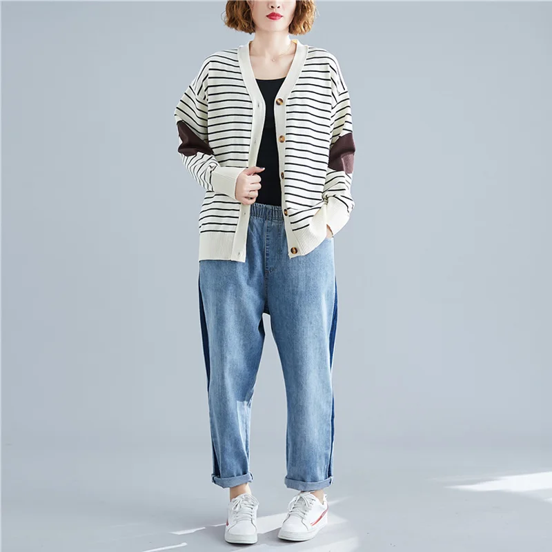 Autumn Women Cardigan Sweater Plus Size Korean V-Neck Long Sleeve Loose Striped Knitted Blouse Jacket Female 2020 New Knit Coat
Autumn Women Cardigan Sweater Plus Size Korean V-Neck Long Sleeve Loose Striped Knitted Blouse Jacket Female 2020 New Knit Coat