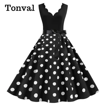 

Tonval Two Tone Scallop Trim V Neck Polka Dot Belted A Line Dress Women Summer Sleeveless Plus Size Skater Dresses