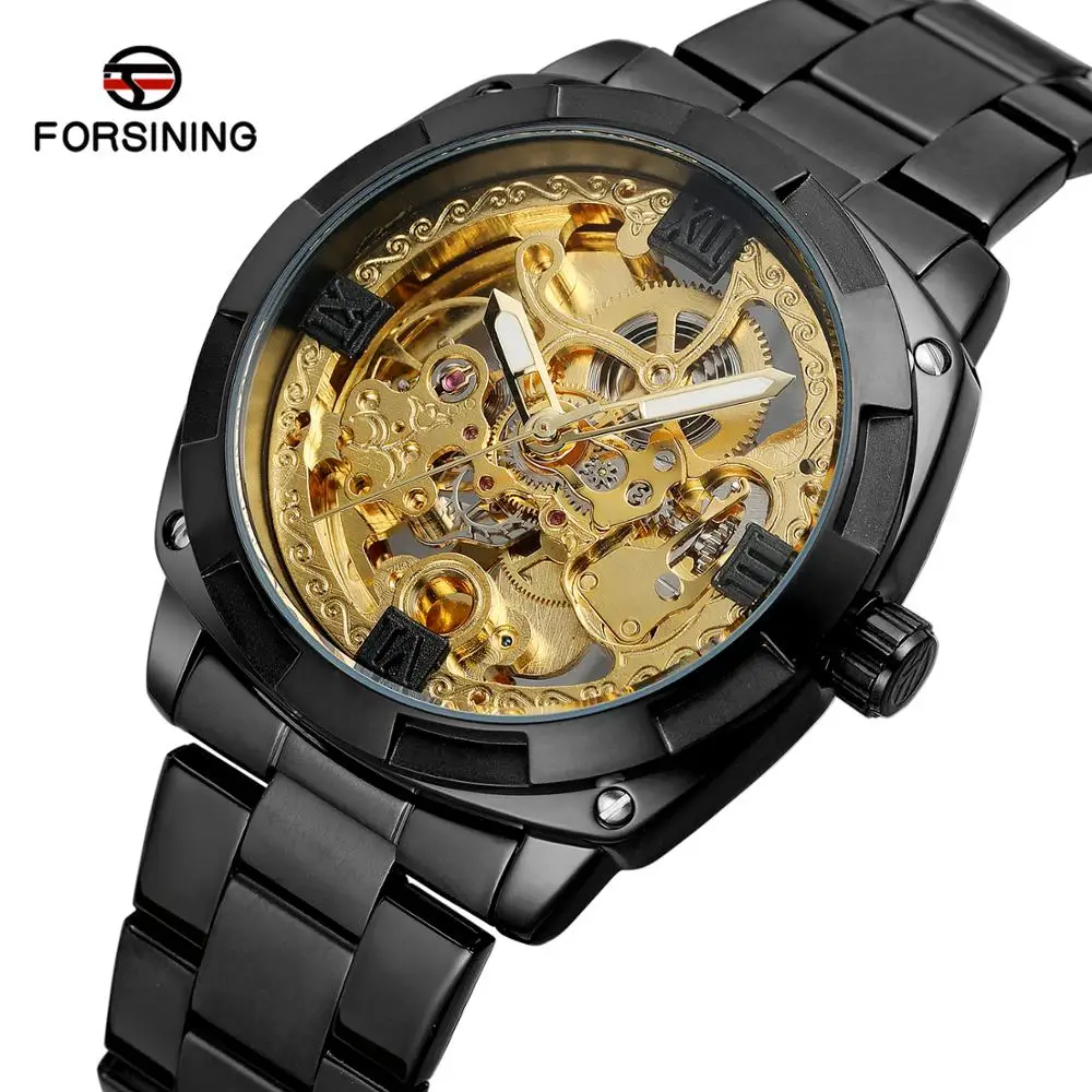 

Forsining Steampunk Style Men's Skeleton Watches Black Automatic Men's Watch Top Brand Luxury Luminous Hands Horloges Mannen