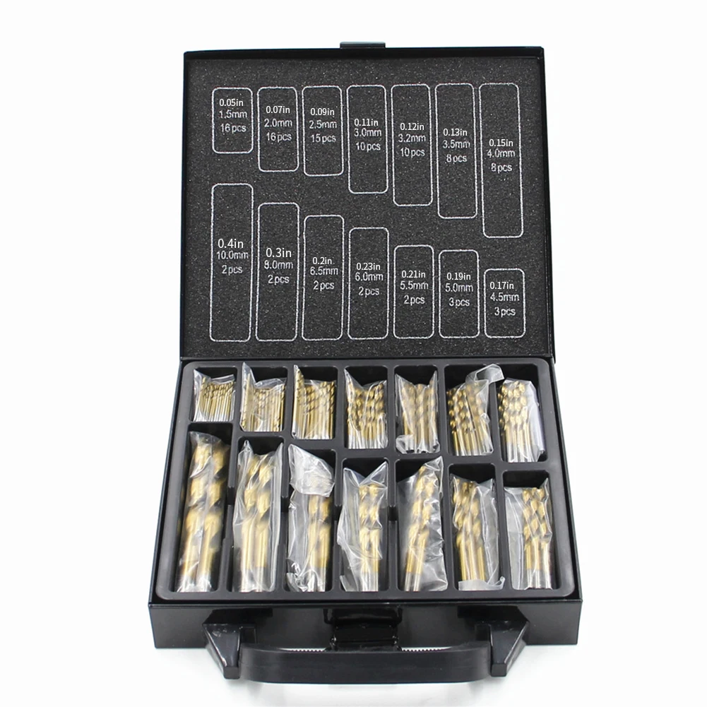 99 PCS Drill Bits Set Twist Power Tool Drill Set High Speed Steel Titanium Plated Goden Twist Drill Set With Metal Box Taladro
99 PCS Drill Bits Set Twist Power Tool Drill Set High Speed Steel Titanium Plated Goden Twist Drill Set With Metal Box Taladro