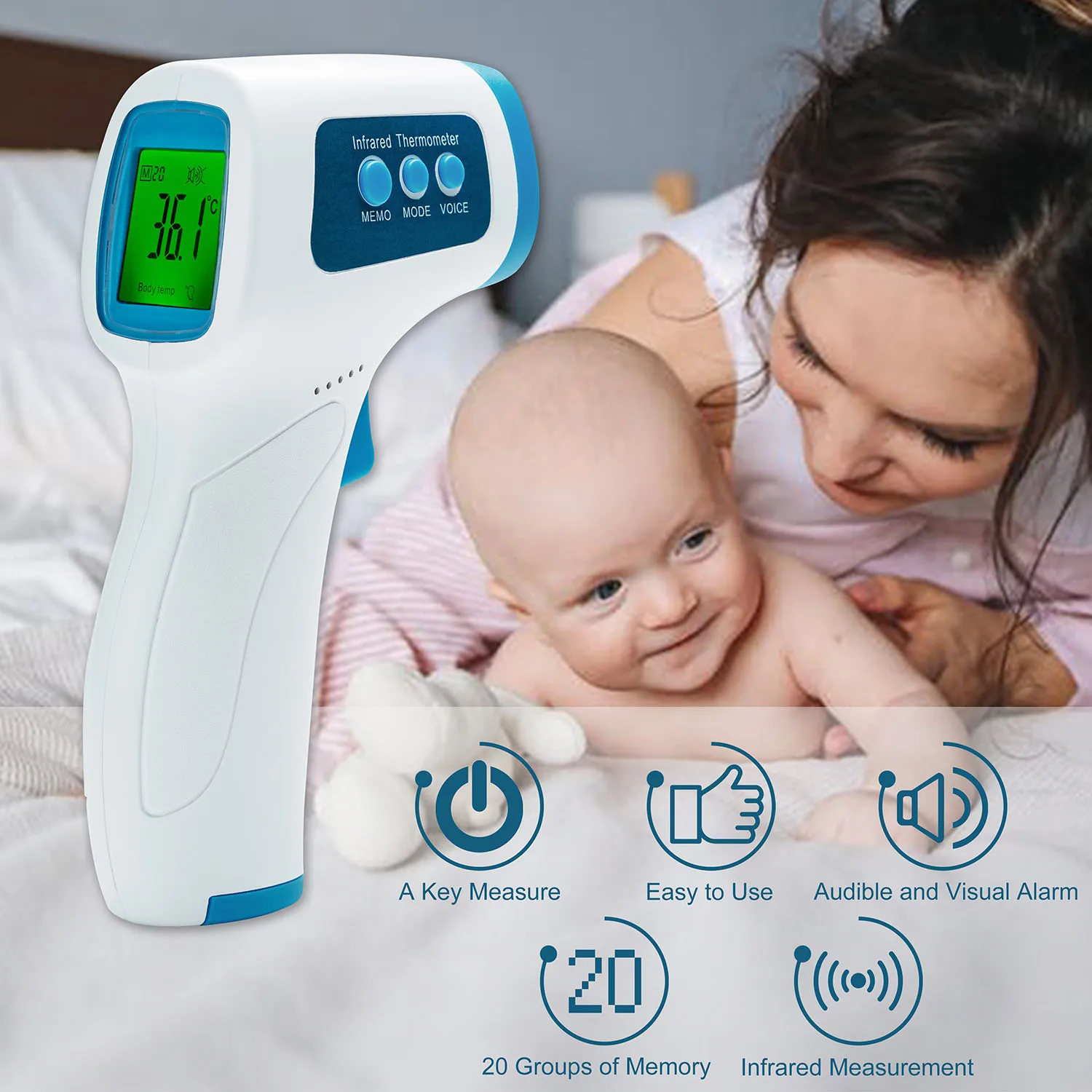 Non-Contact Infrared Forehead Thermometer LCD Digital Thermometer for Baby Adult with Memory Function Color Alarm Sound Setting
Non-Contact Infrared Forehead Thermometer LCD Digital Thermometer for Baby Adult with Memory Function Color Alarm Sound Setting