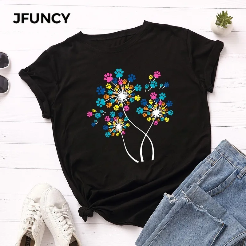 Летняя женская футболка JFUNCY из 100% хлопка футболки с цветным цветочным принтом