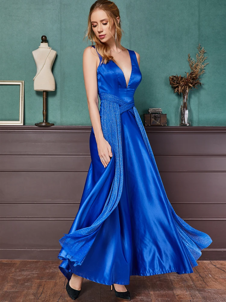 Angel-fashions V Neck Pleated Criss Cross Prom Dress Long Wedding Party Dress Blue 473