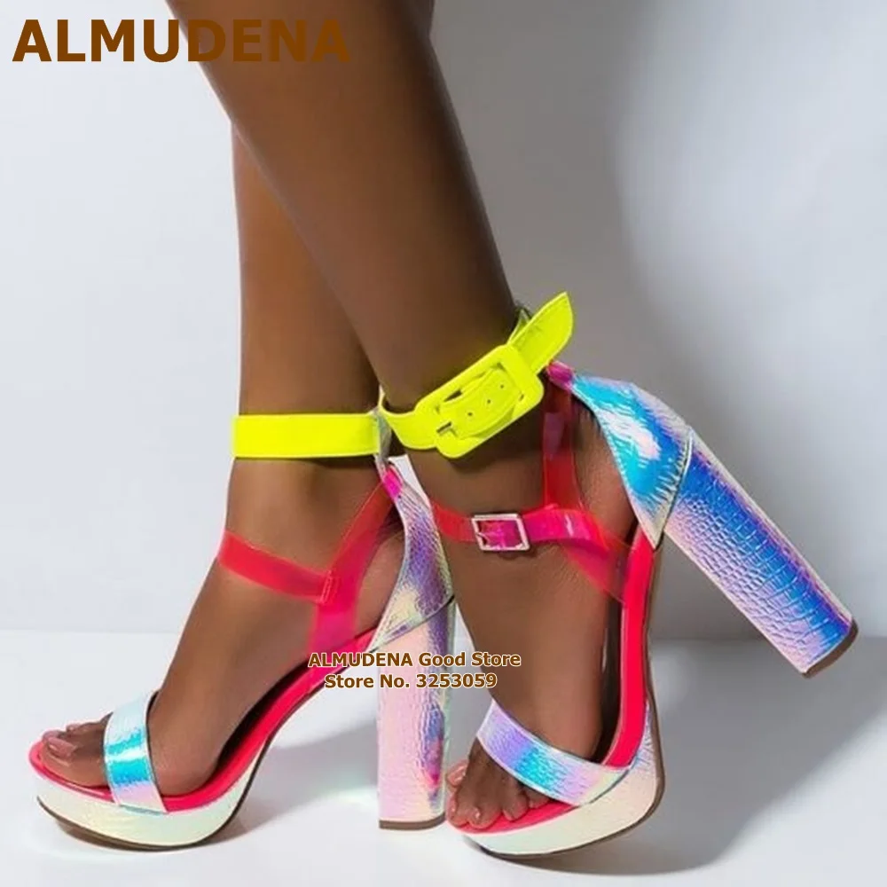 

ALMUDENA Hologram Iridescent Silver Snakeskin Chunky Heels Pink Clear PVC Patchwork Sandals Platform Neon Yellow Dress Shoes