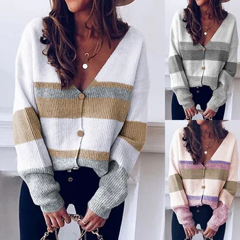 Women Sweater Cardigan Stitching Patchwork Color Striped Sweater Coats Lady Jumpers Knitted Pullover Female 2020 Autumn Clothing
Women Sweater Cardigan Stitching Patchwork Color Striped Sweater Coats Lady Jumpers Knitted Pullover Female 2020 Autumn Clothing