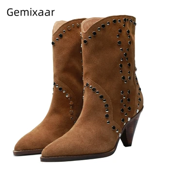 Metal Rivet Decor Ankle Boots Women Spike Heel Pointed Toe Luxury Suede Slip-on Autumn Winter 2020 Women Booties
Metal Rivet Decor Ankle Boots Women Spike Heel Pointed Toe Luxury Suede Slip-on Autumn Winter 2020 Women Booties