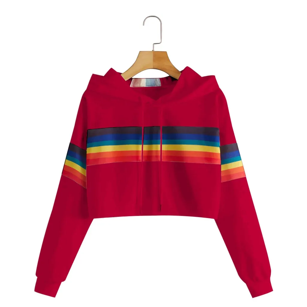 Jaycosin 2019 Fashion Autumn Women Rainbow Stripe Sweatshirt Stylish Long Sleeve Comfortable Female Casual Crop Blouse 930#10