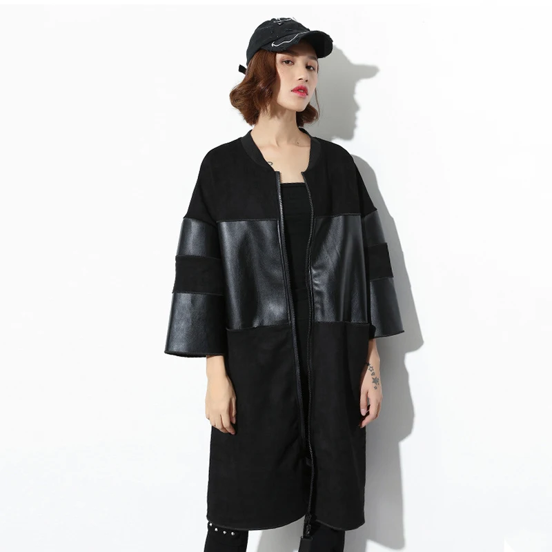 Loose Fit Black Pu Leather Spliced Big Size Jacket New Stand Collar Long Sleeve Women Coat Fashion 45
Loose Fit Black Pu Leather Spliced Big Size Jacket New Stand Collar Long Sleeve Women Coat Fashion 45