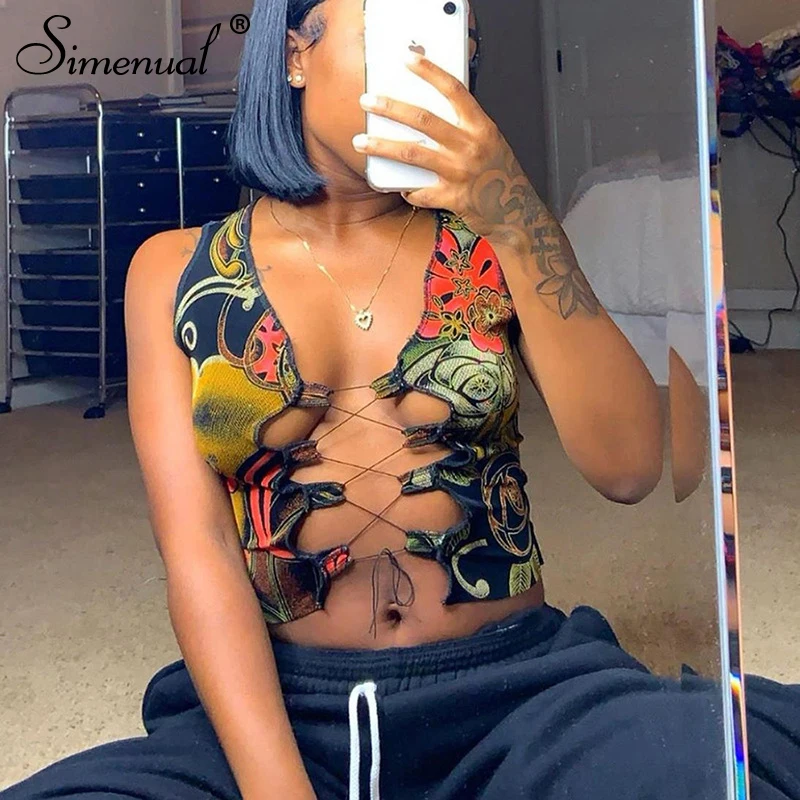 Simenual Sexy Hot Lace Up Printed Club Tie Front Top Women Sleeveless Fashion Hollow Out Tanks Party Slim Bodycon 2020 Crop Tops
Simenual Sexy Hot Lace Up Printed Club Tie Front Top Women Sleeveless Fashion Hollow Out Tanks Party Slim Bodycon 2020 Crop Tops