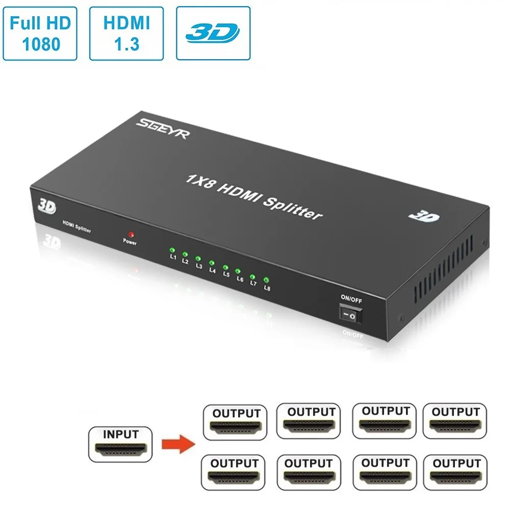 8 Port Video Splitter 1x8 SGEYR 1 Input Output HDMI-Compatible Splitter/Signal Distributor to Switcher support 1080P 3D | Электроника