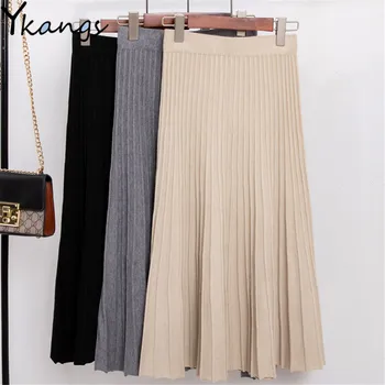 Vista deslumbrante: Saia Longa de Malha Plissada TIYIHAILEY para Mulheres 9 Winter Thickened Rib Knitted Large Swing Maxi Long Skirts 2021 Elegant Solid A-Line Pleated Ankle Length Knit Skirts Black Beige