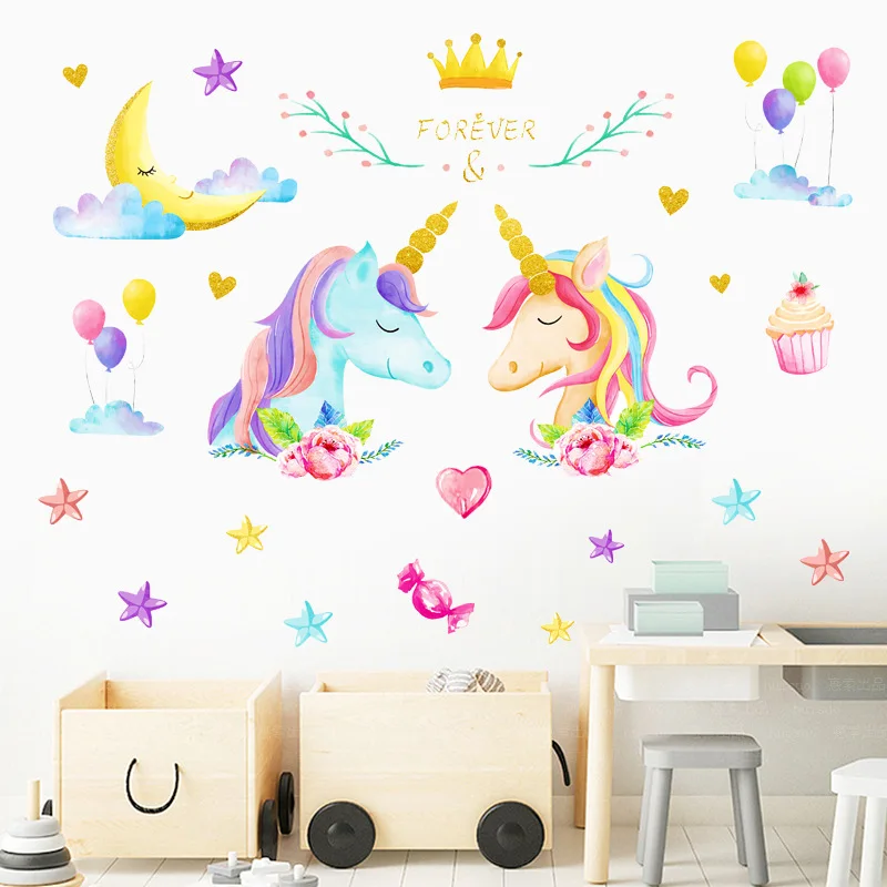 Фото Новые наклейки на стену с единорогом украшения для детской комнаты детского сада