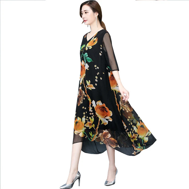 New Long Silk Dresses Women V-Neck Half Sleeved Loose Floral Printed summer Dress Female Vintage Party dress S LQ0014 
New Long Silk Dresses Women V-Neck Half Sleeved Loose Floral Printed summer Dress Female Vintage Party dress S LQ0014