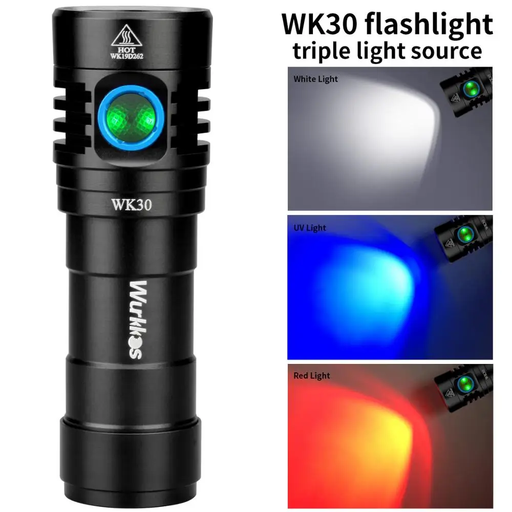 WK30 Multi Color Rechargeable LED Flashlight 26650 LH351D Red Light UV Light with Power Indicator
WK30 Multi Color Rechargeable LED Flashlight 26650 LH351D Red Light UV Light with Power Indicator
