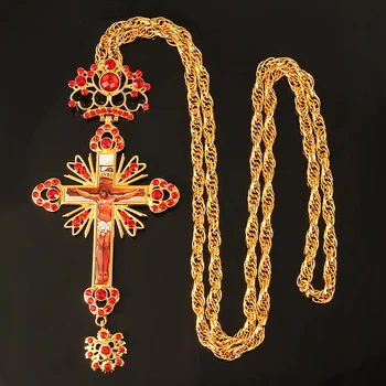 

Pectoral Cross Orthodox Necklace Jesus Crucifix Pendants Filled With Red Crystals Religious Necklace Jewelry Pastor Prayer Items