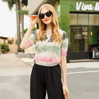 Women Tops Loose See Through Knit Shirt 2020 Summer kpop Geometric Pattern Short Sleeve Casual T shirt Pullover Knitwear
Women Tops Loose See Through Knit Shirt 2020 Summer kpop Geometric Pattern Short Sleeve Casual T shirt Pullover Knitwear