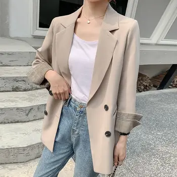 Plus Size Women Blazer Autumn Casual Double Breasted Striped Suit Jacket Female Retro Suit Coat Pockets Loose Blazer 
Plus Size Women Blazer Autumn Casual Double Breasted Striped Suit Jacket Female Retro Suit Coat Pockets Loose Blazer