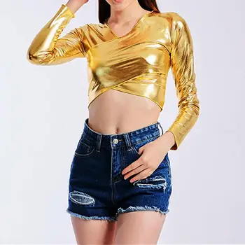 Women Long Sleeve Metallic Color Holographic T Shirts Criss Cross Wet Look Crop Top Fashion Streetwear Sexy shirt
Women Long Sleeve Metallic Color Holographic T Shirts Criss Cross Wet Look Crop Top Fashion Streetwear Sexy shirt