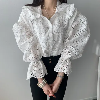 COIGARSAM Cute Lace Shirt Womens tops Puff Sleeve Hollow Out Turn-down Collar Women shirts Army Green White 2159 
COIGARSAM Cute Lace Shirt Womens tops Puff Sleeve Hollow Out Turn-down Collar Women shirts Army Green White 2159