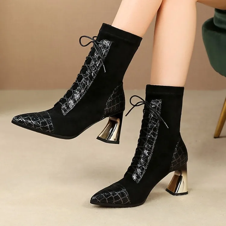MLJUESE 2020 women Mid-calf boots sheepskin lace up pointed toe winter short plush high heels socks size 42 | Обувь