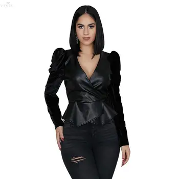 Women Autumn Winter V-neck Full Sleeve Solid Ruffles T-shirts Vintage Night Tees Clubwear Fashion Pu Leather Top Streetwear 
Women Autumn Winter V-neck Full Sleeve Solid Ruffles T-shirts Vintage Night Tees Clubwear Fashion Pu Leather Top Streetwear