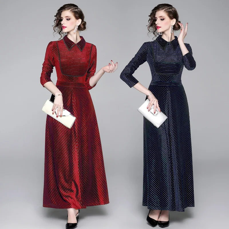 Europe And America New Style Gold Lines Stripes Retro Dress Elegant Fold-down Collar Velvet Swinging Skirt
Europe And America New Style Gold Lines Stripes Retro Dress Elegant Fold-down Collar Velvet Swinging Skirt