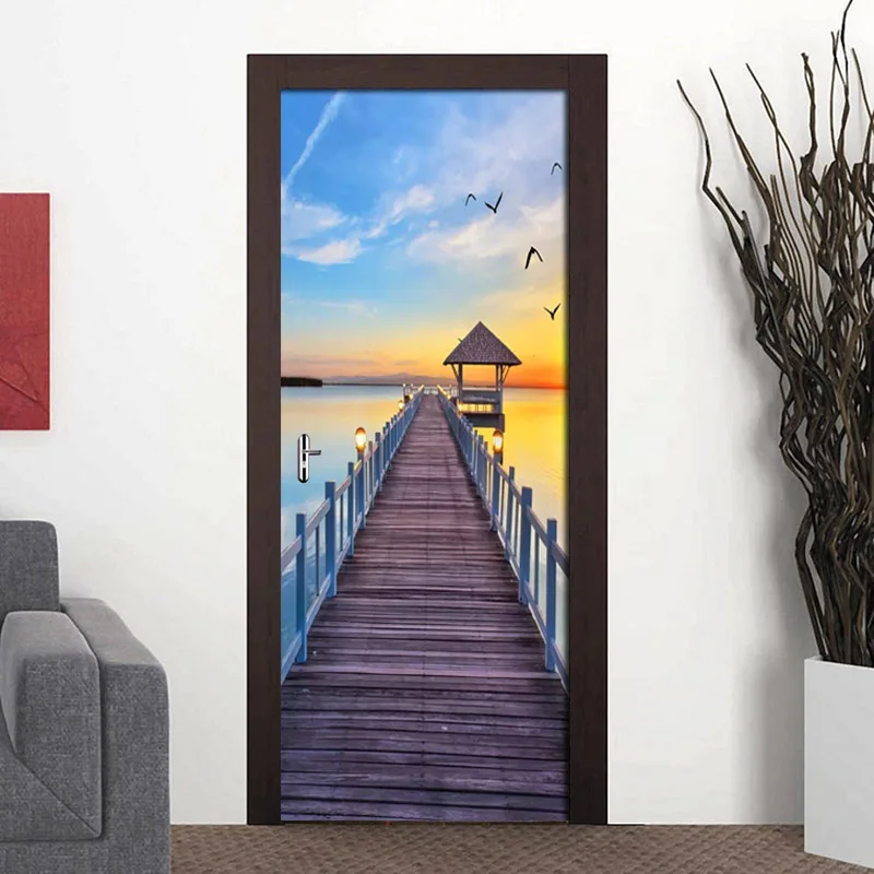 

Beautiful Wooden Bridge Seascape Wallpaper PVC Waterproof Self-adhesive Door Sticker Living Room Bedroom Door Decor Mural Poster