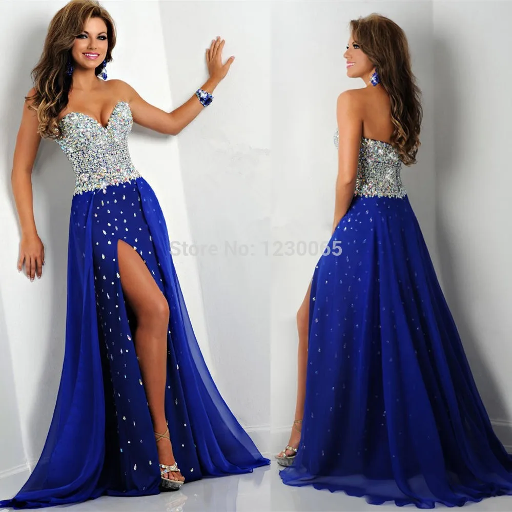 Elegant Sweetheart Crystal Beaded A Line Chiffon Split Formal Vestidos De Festa Long Royal Blue Evening Prom Dresses 2016
Elegant Sweetheart Crystal Beaded A Line Chiffon Split Formal Vestidos De Festa Long Royal Blue Evening Prom Dresses 2016