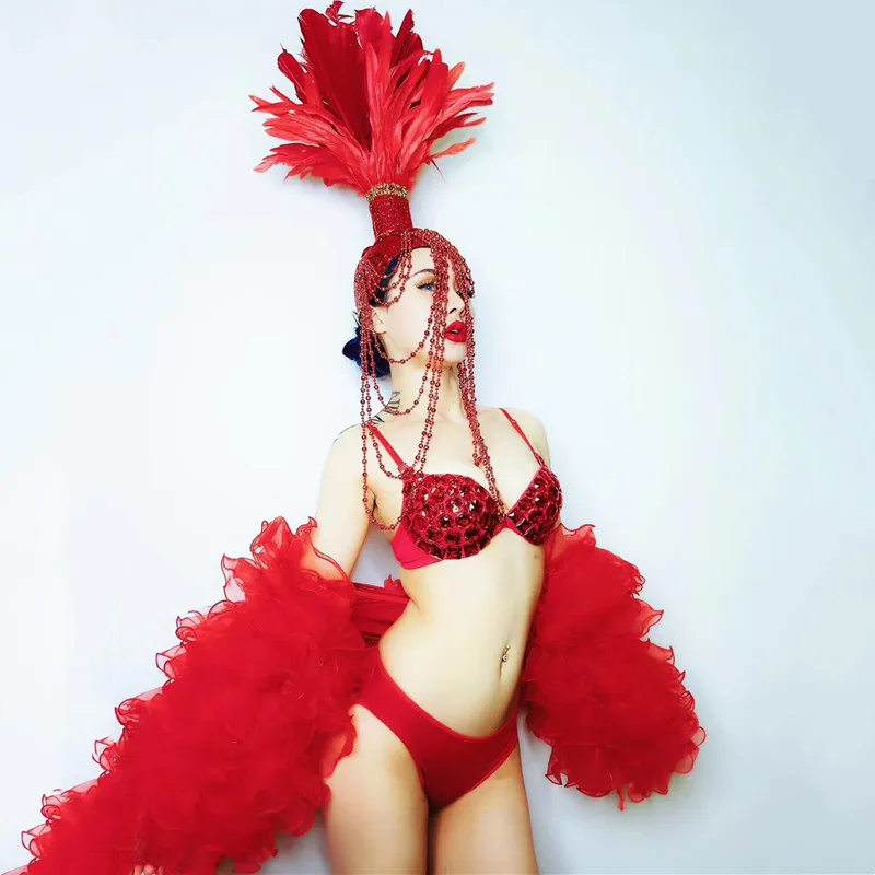 Sexy Club Party Stage Costume Red White Feather Beading Headgear Rhinestones Bikini Nightclub Bar Dancer Festival Performance
Sexy Club Party Stage Costume Red White Feather Beading Headgear Rhinestones Bikini Nightclub Bar Dancer Festival Performance