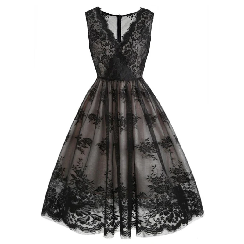 Black Vintage Steampunk Gothic Dress Summer Casual Party Dresses Women Sleeveless Sexy V Neck 50s Retro Lace Pin Up Swing | Женская