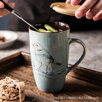 

Europe Simple Birds Ceramic Mugs Creative Hand-painted Pottery Coffee Mug with Handgrip 400ml Large Capacity Milk Breakfast Cups