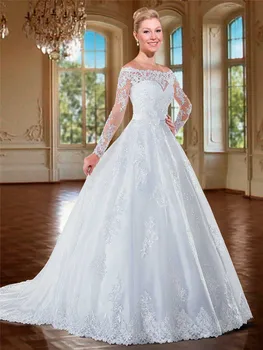 Bateau Long Sleeves Lace Appliques A-Line Wedding Dresses With Buttons Back Bridal Gowns Ribbon With Handmade Flowers Appliques
Bateau Long Sleeves Lace Appliques A-Line Wedding Dresses With Buttons Back Bridal Gowns Ribbon With Handmade Flowers Appliques