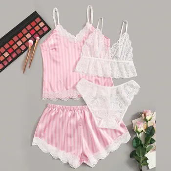 Women Lace Satin Wireless Bra Camisole Pajamas Sleepwear Bowknot Shorts Set S-XL FJSL 
Women Lace Satin Wireless Bra Camisole Pajamas Sleepwear Bowknot Shorts Set S-XL FJSL