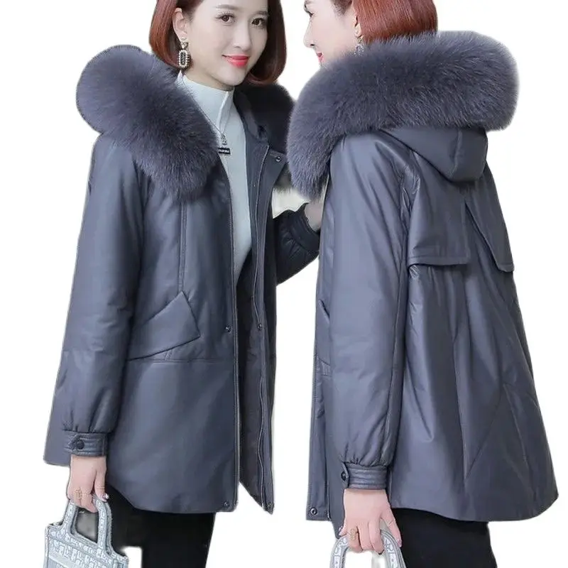 

Autumn Winter New Hooded Imitation Fox Raccoon -Hair Collar Down Cotton Women's Coat Medium Long Loose PU Leather Jacket 4XL