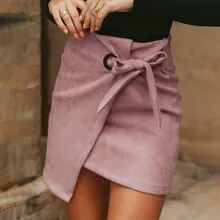 

High Waist Sexy Split Skirts Asymmetrical Bow Knotted Sash Suede Female Skirts Casual Slim Lady Patchwork Spring Autumn Women