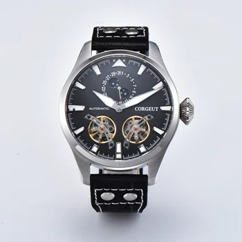 

Corgeut 46mm Automatic Men's Watch Moon Phase Date Indicator Black Skeleton Dial Leather Strap Lminous Flywheel