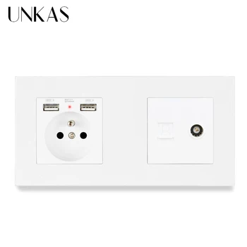 UNKAS Plastic Panel French Standard Electric Socket with 2 USB + RJ45 Internet Computer Connector and Female TV Jack 172*86mm
UNKAS Plastic Panel French Standard Electric Socket with 2 USB + RJ45 Internet Computer Connector and Female TV Jack 172*86mm