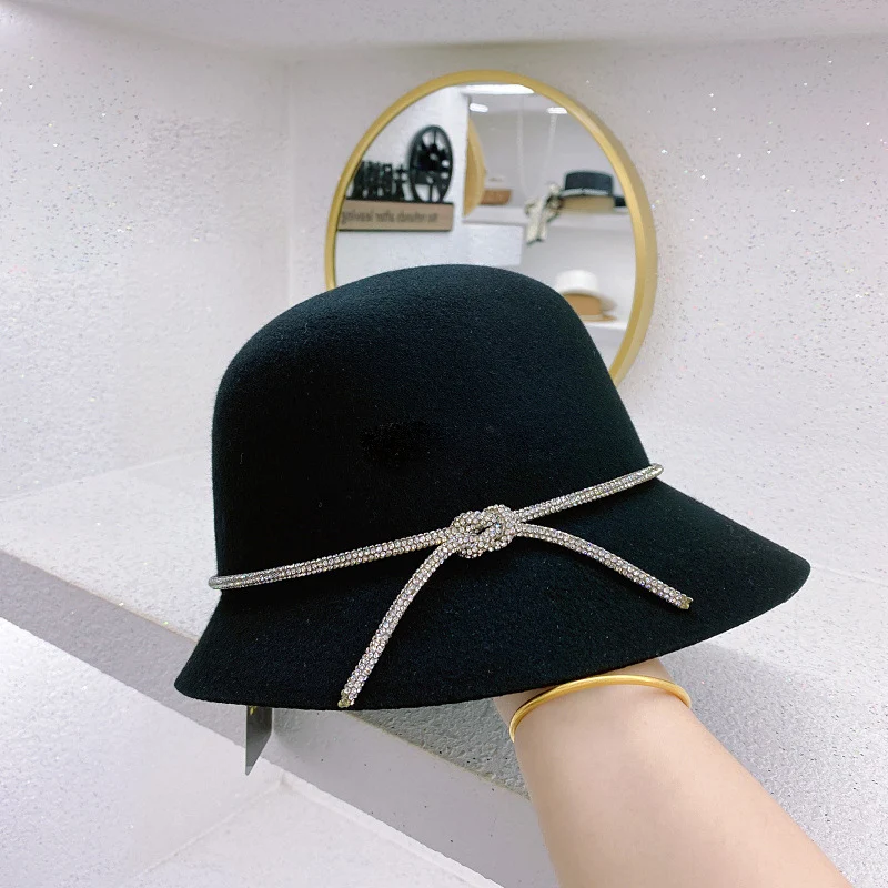 

Korean Fashion Rhinestone Bowknot 100% Wool Fisherman Bucket Hat Wide Brim Basin Hat For Women Casual Winter Harajuku Hat Fedora