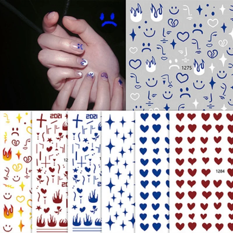 

1 pcs Klein Blue Cool Boy Nail Art Manicure Decals 3D Blue Flame Smile Adhesive Sliders Man Nail Sticker Decor