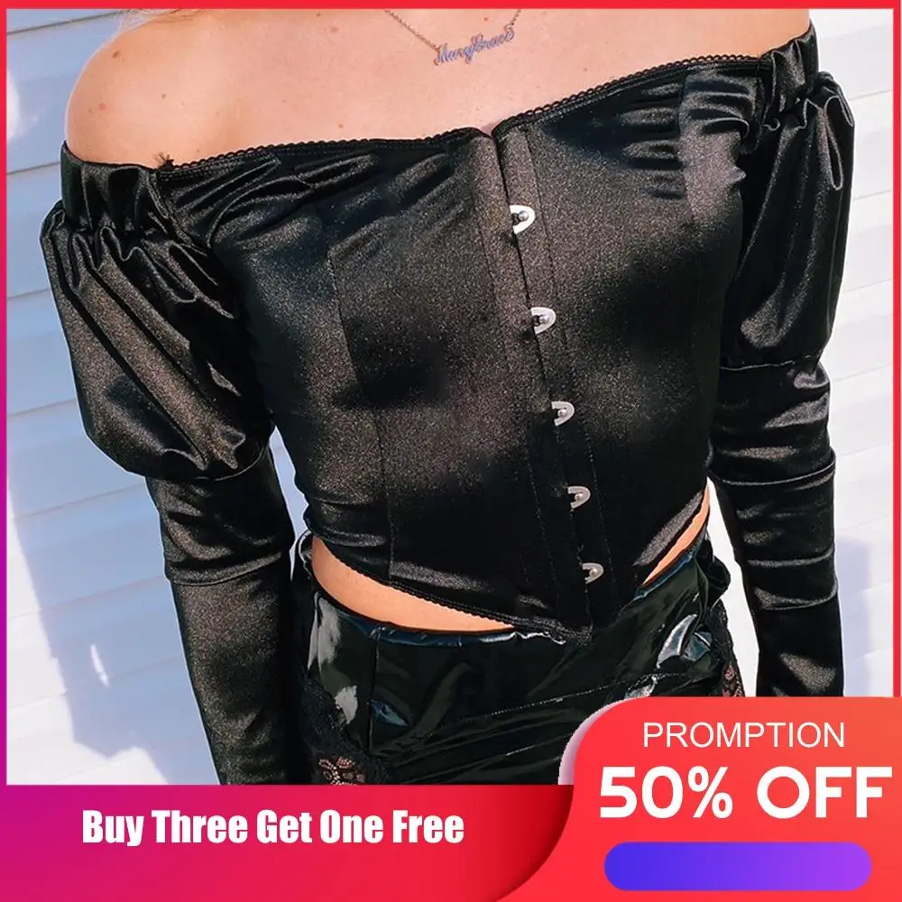 Three Ratels 2020 New Fashion Solid Black Puff Sleeve off-shoulder Blouse Slim Satin Slash Neck Crop Top Ladies Trend Streetwear
Three Ratels 2020 New Fashion Solid Black Puff Sleeve off-shoulder Blouse Slim Satin Slash Neck Crop Top Ladies Trend Streetwear