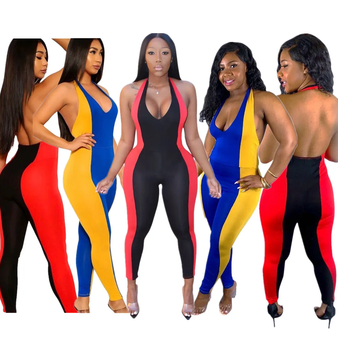Solid-Color Patchwork Deep V-Neck Backless Women Jumpsuit 2020 Summer European and American Sexy Rompers Bodysuit
Solid-Color Patchwork Deep V-Neck Backless Women Jumpsuit 2020 Summer European and American Sexy Rompers Bodysuit
