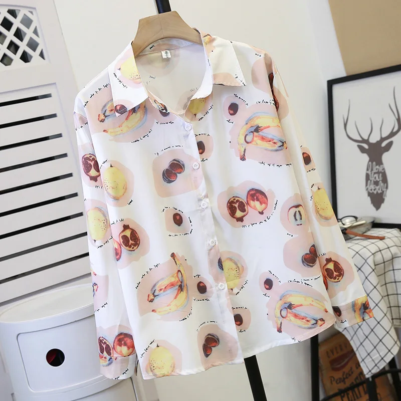 Women Shirt Fruit Print Blouse Long Sleeve Chiffon Shirts Summer Turn Down Collar Casual Ladies Tops
Women Shirt Fruit Print Blouse Long Sleeve Chiffon Shirts Summer Turn Down Collar Casual Ladies Tops
