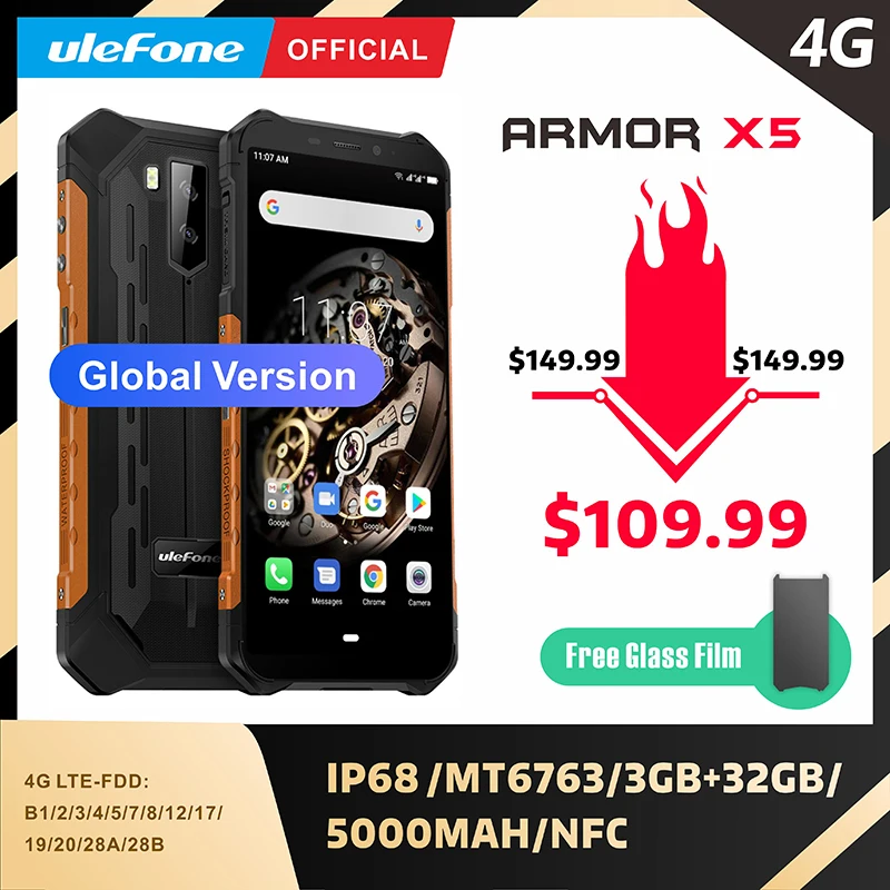 Ulefone Armor X5 MT6763 Octa core ip68 Rugged Waterproof Smartphone Android 9.0 Cell Phone 3GB 32GB NFC 4G LTE Mobile Phone
Ulefone Armor X5 MT6763 Octa core ip68 Rugged Waterproof Smartphone Android 9.0 Cell Phone 3GB 32GB NFC 4G LTE Mobile Phone