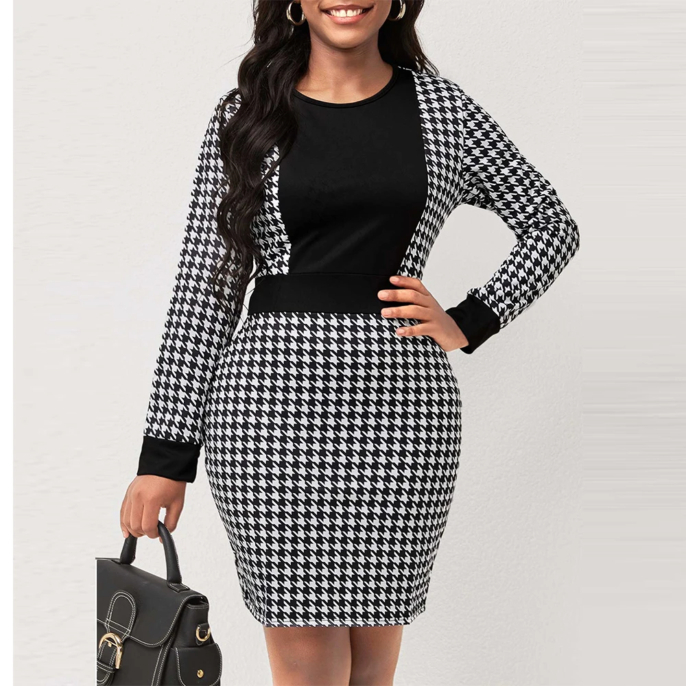 

MISSJOY Vintage Houndstooth Slim Long Sleeve Patchwork Office Business Party Women Bodycon Dress Vestido Elegant Pata De Gallo