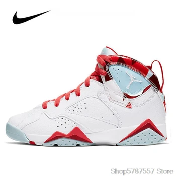 Authentic Nike Air Jordan 7 Men's Jordan Shoes Topaz Mist (GS) 442960-10 Basketball Shoes Lace-up Gym Training Boots Sport Women