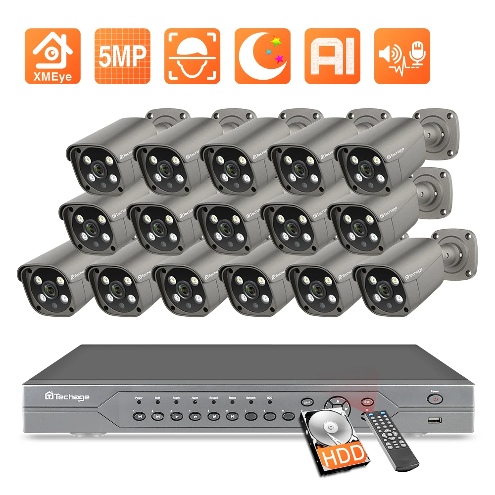 Techage 16CH 5MP 4K HD POE NVR Kit CCTV System IR Outdoor Two Way Audio AI IP Camera P2P Video Security Surveillance Set
Techage 16CH 5MP 4K HD POE NVR Kit CCTV System IR Outdoor Two Way Audio AI IP Camera P2P Video Security Surveillance Set